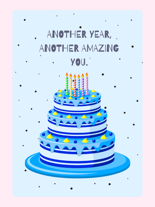 Three-tier blue birthday cake with candles and “Another year, another amazing you” message on a soft background