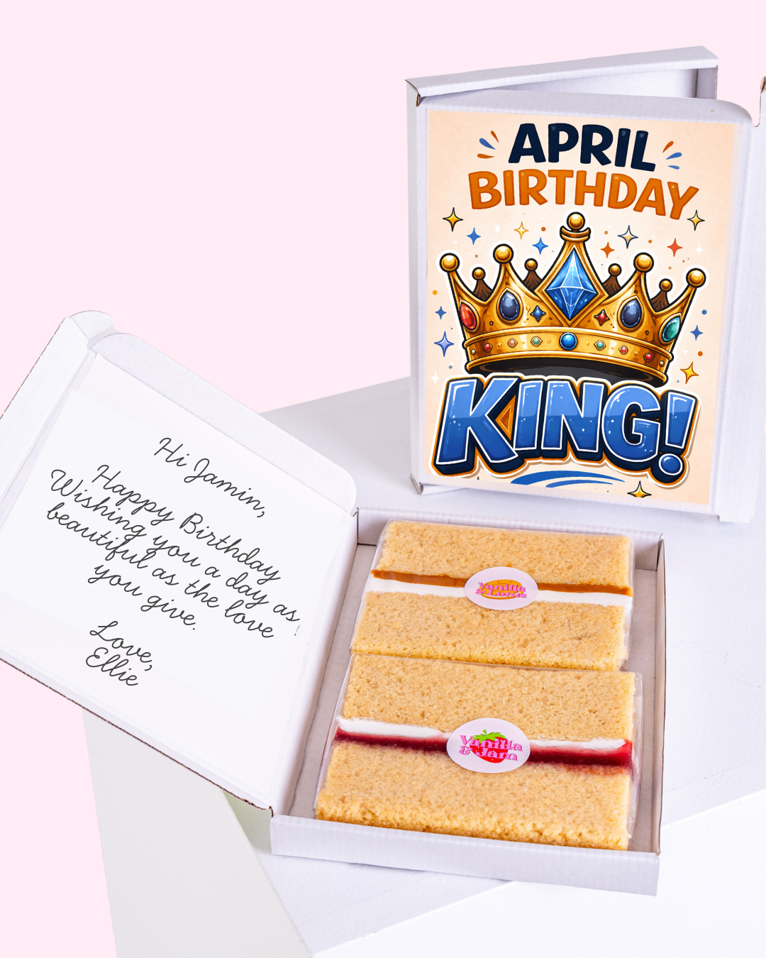 April birthday cake gift box featuring a golden crown illustration with bold king typography and colourful stars