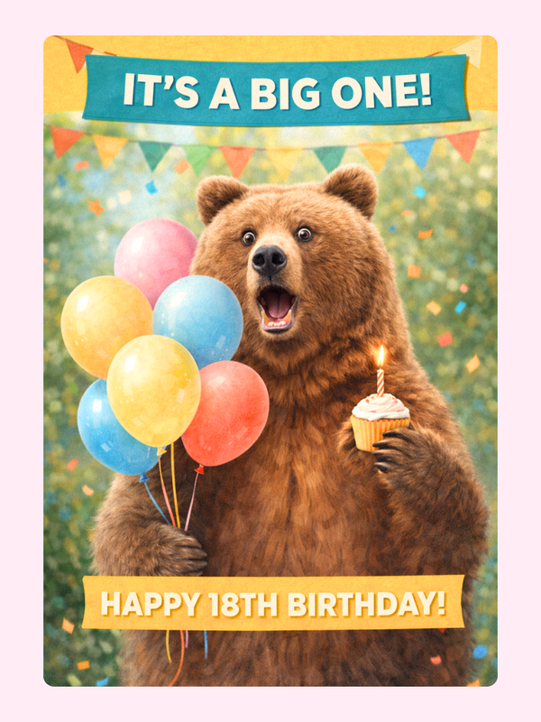Cute bear 18th birthday card with balloons and cupcake saying it’s a big one