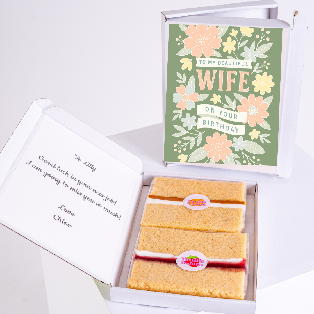 Floral birthday cake gift box for beautiful wife with personalised greeting card