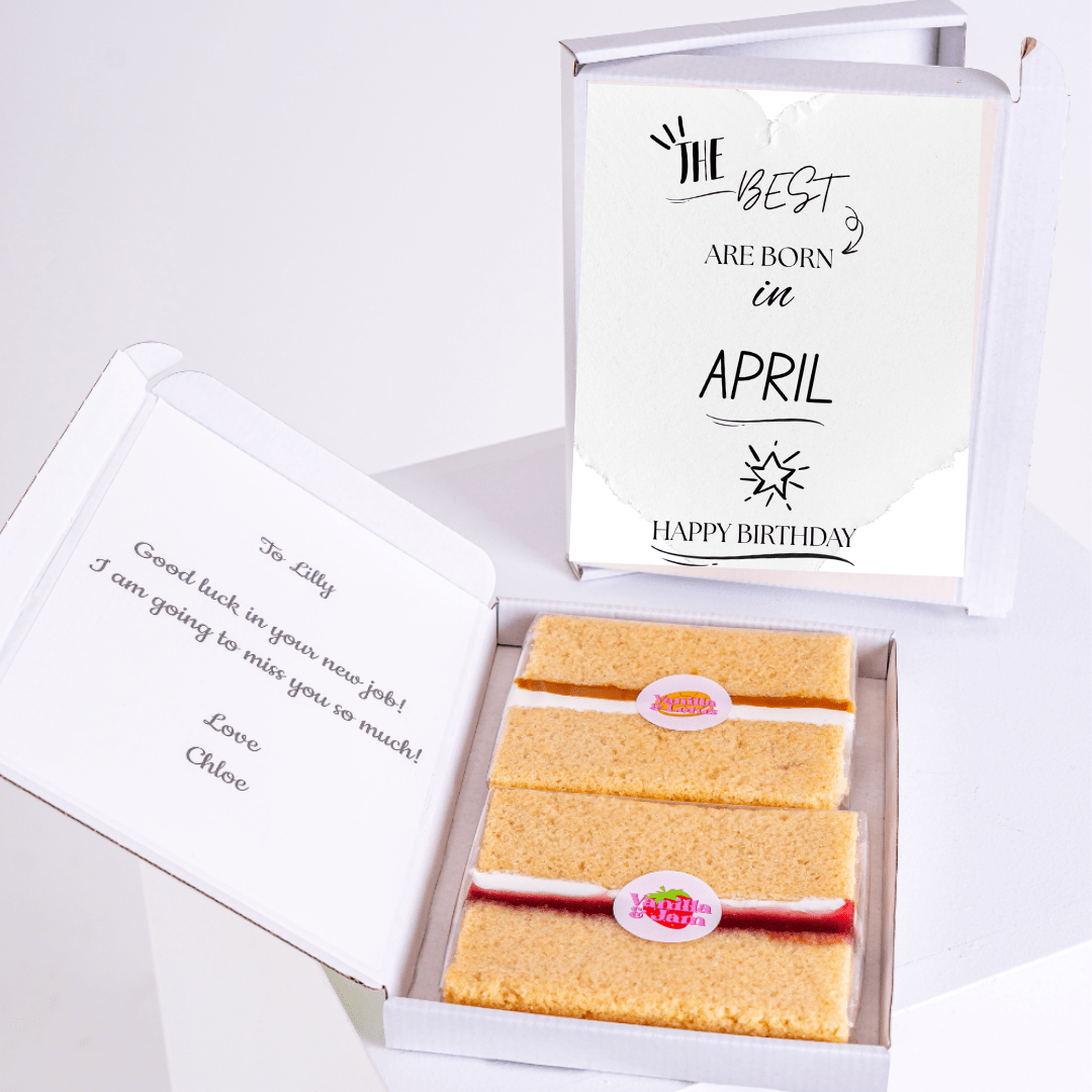 Birthday cake gift box with minimalist black and white April birthday typography design