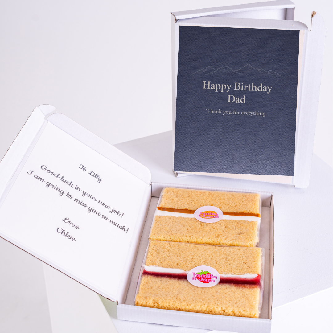 birthday cake card for dad in gift box with blue design and sponge cake slices