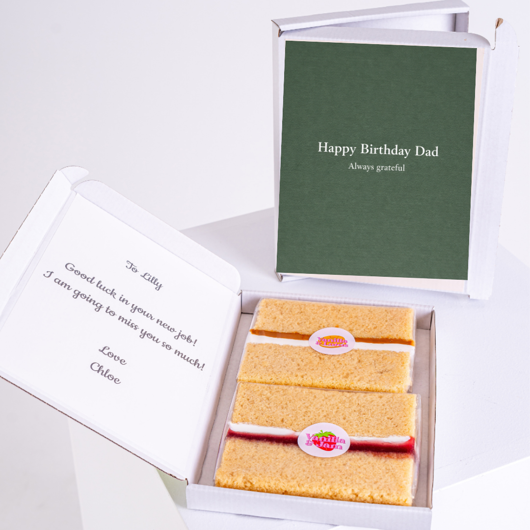birthday cake card for dad in gift box with green design and sponge cake slices