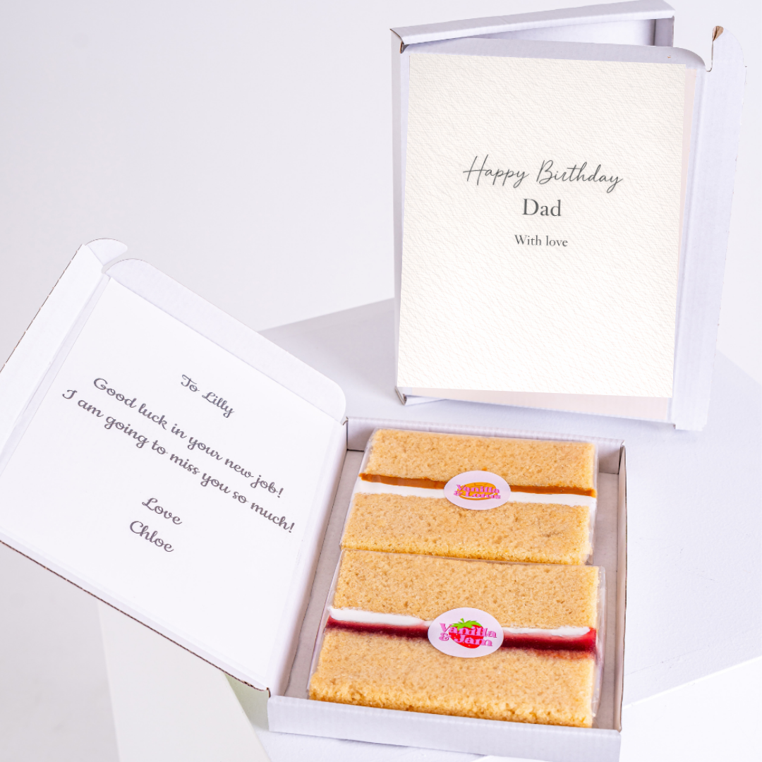 birthday cake card for dad in gift box with neutral design and sponge cake slices