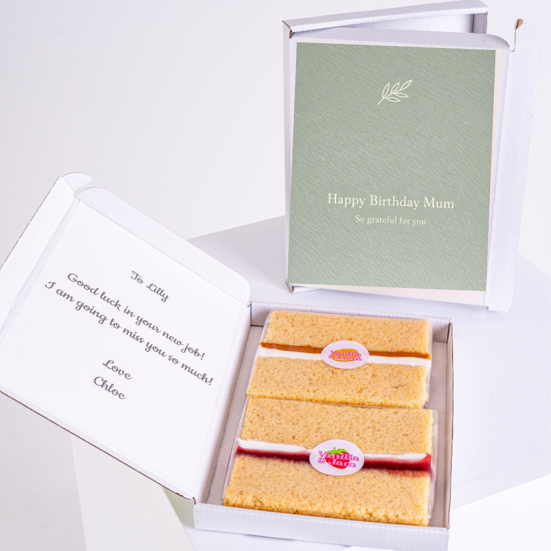 birthday cake card for mum in gift box with personalised message and sponge cake slices