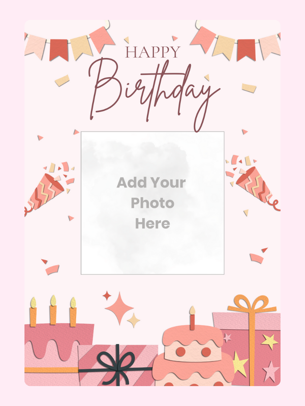 Birthday photo upload card with cake and gifts