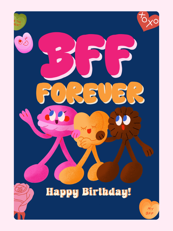 Happy birthday BFF card with fun character design