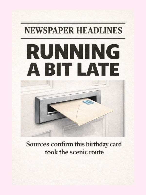 A funny newspaper-style birthday card with "Running a bit late" headline and "Sources confirm this birthday card took the scenic route" message.