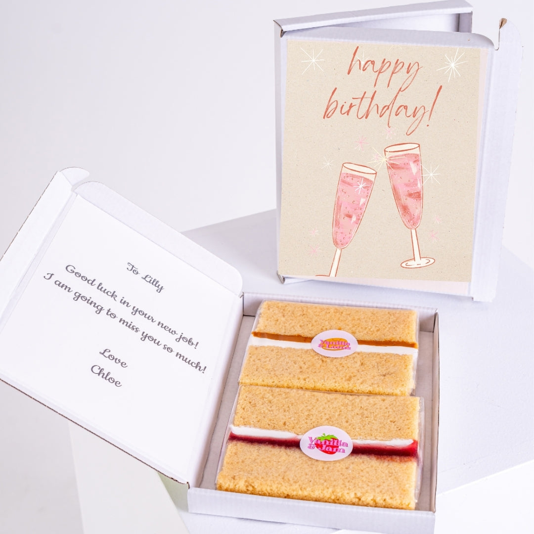 gift box letterbox cake with champagne birthday card