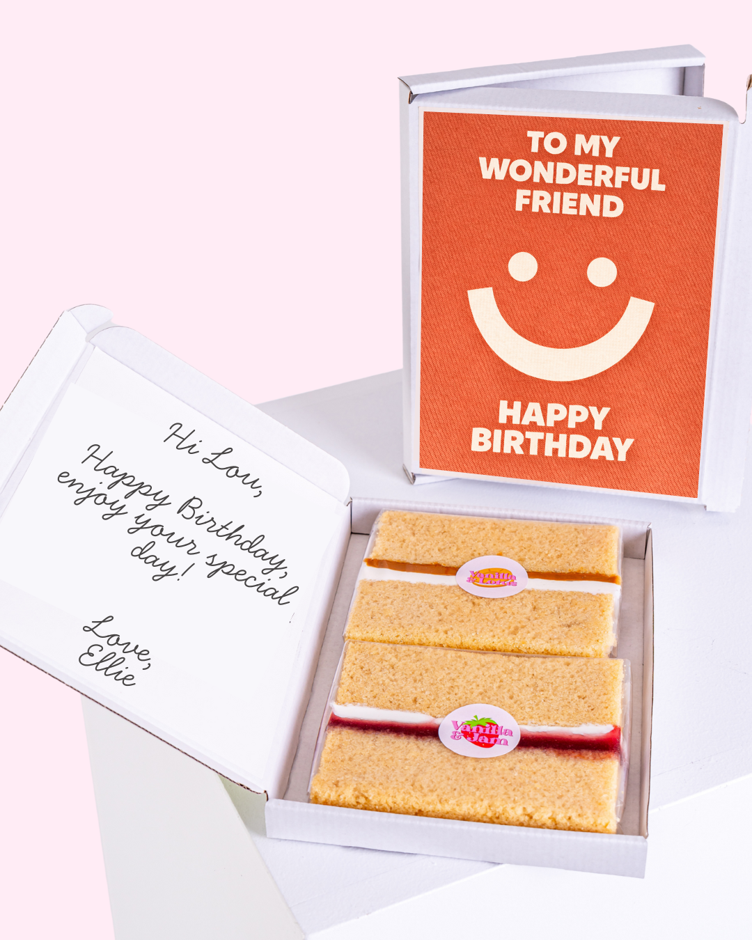 Birthday gift box for friend with cake slices and smiley birthday card