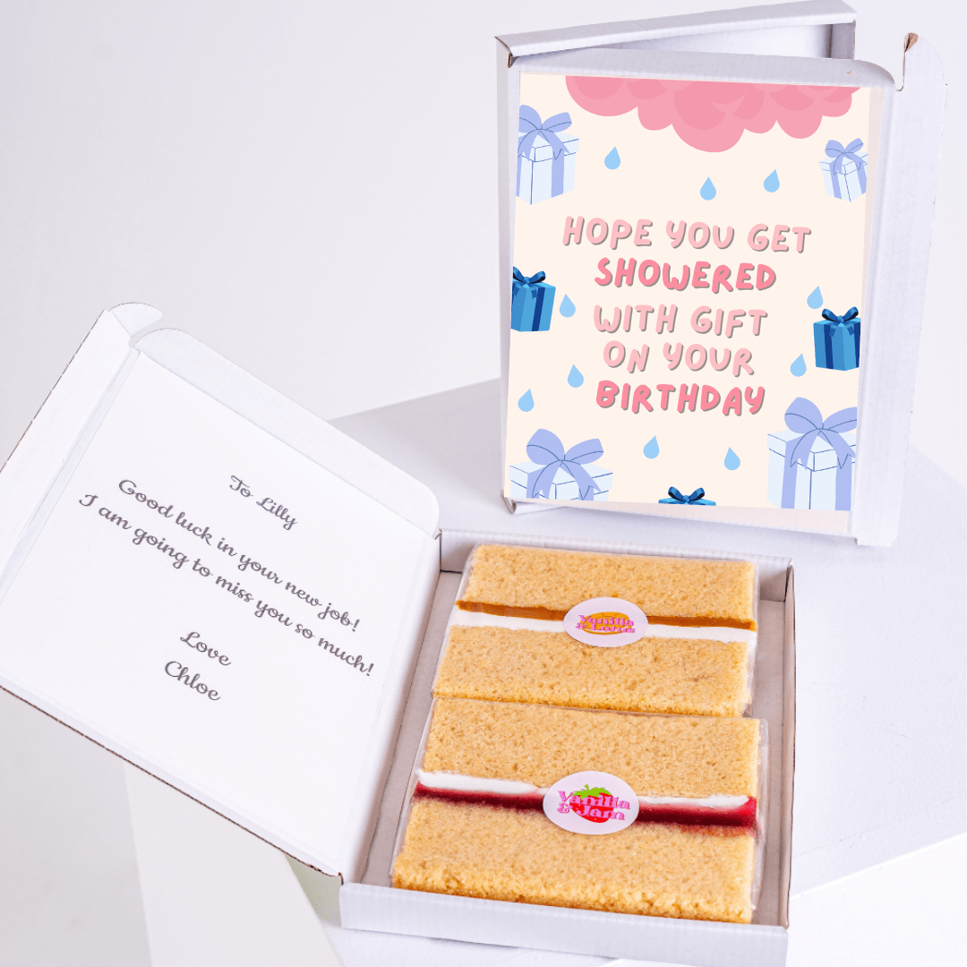 Fun birthday cake gift box with playful showered with gifts design and pastel present illustrations