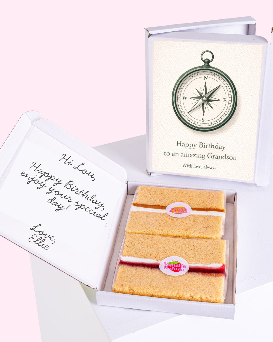 personalised birthday grandson cake card gift box with compass design card and vanilla sponge cake slices
