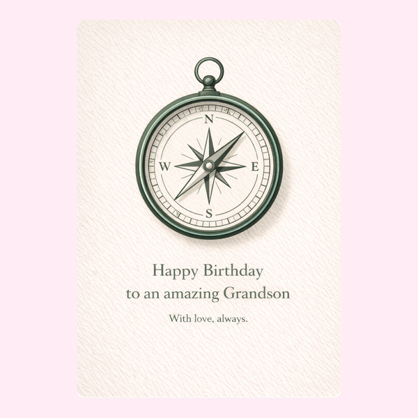 happy birthday grandson card design with vintage compass illustration and heartfelt message on cream background