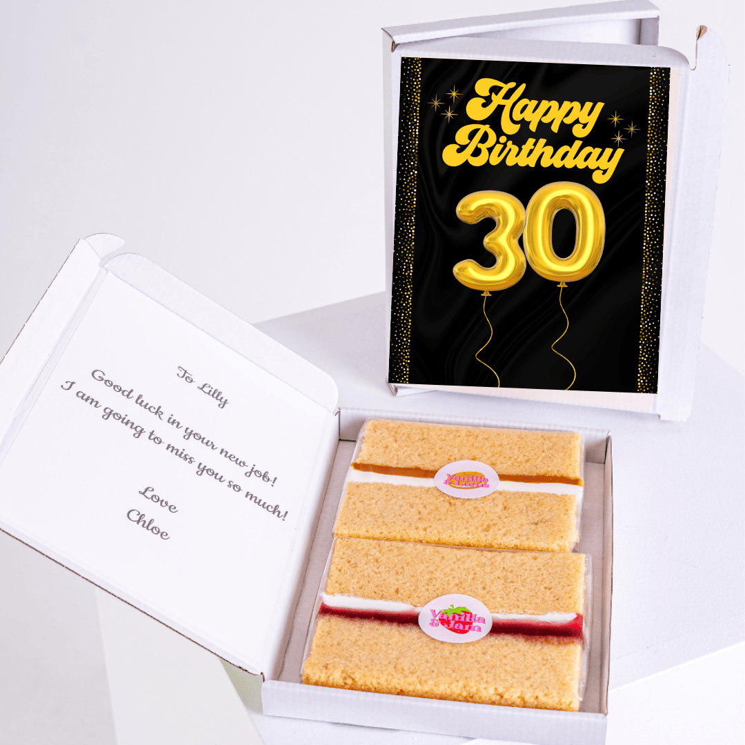 black and gold 30th birthday cake card with sponge cake