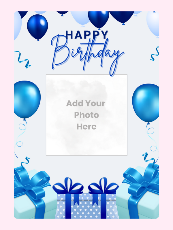 Birthday photo upload card with blue balloons