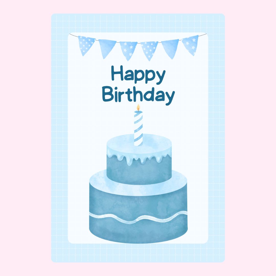 Blue birthday card with two-tier cake, candle, and bunting flags with “Happy Birthday” text on a soft blue background