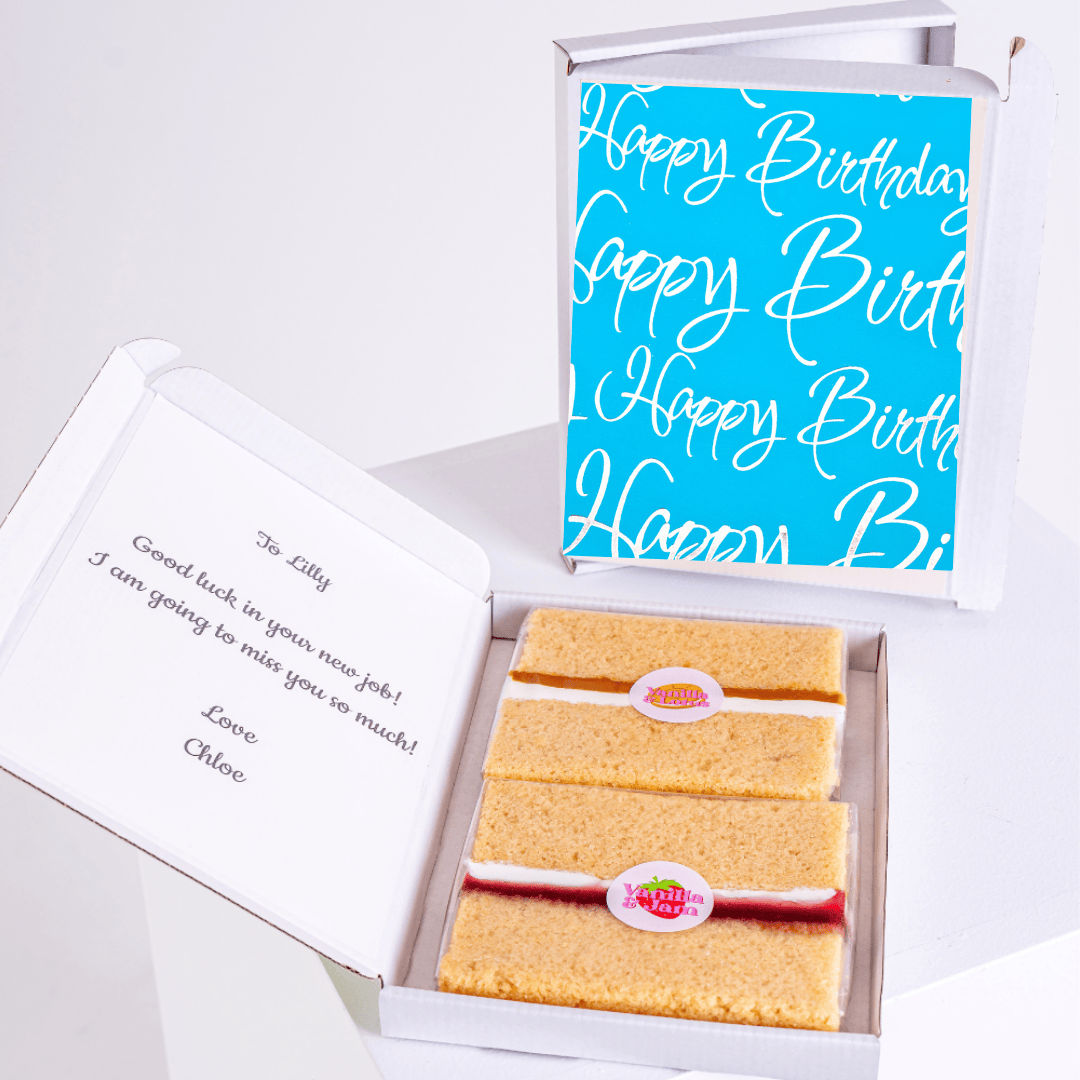 Blue script happy birthday card with cake slices gift box
