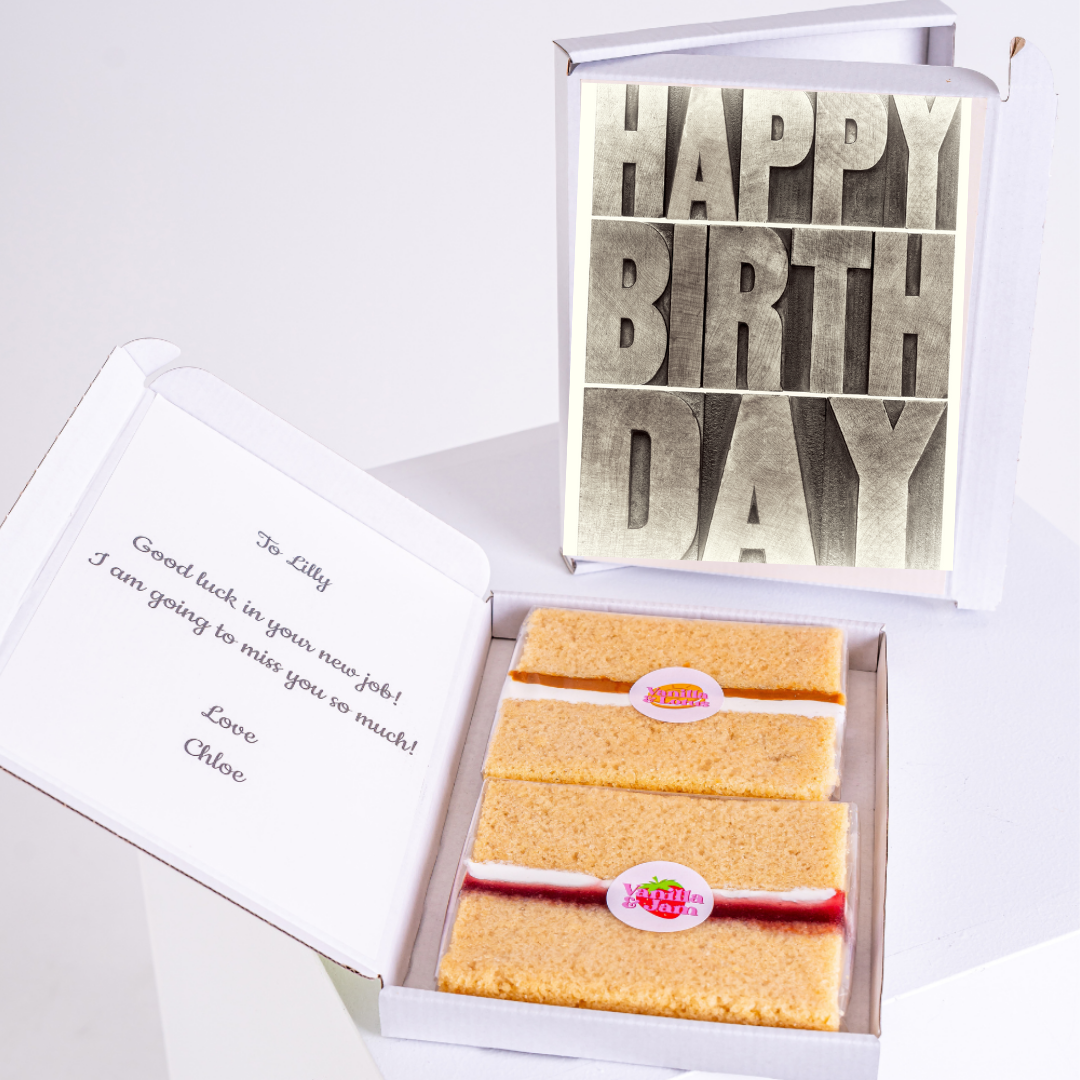 Bold typography happy birthday cake card gift box with sponge slices