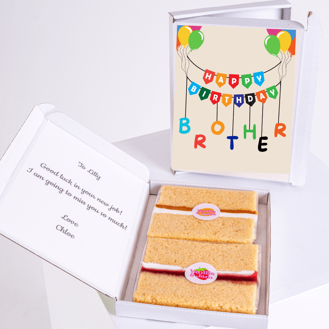 Birthday gift box for brother with cake slices and balloon card design