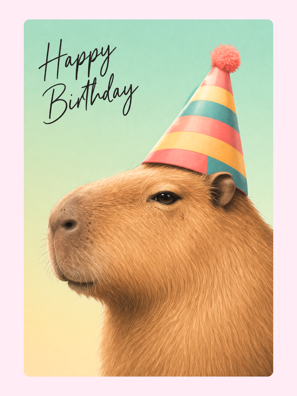 A cheerful capybara with a birthday hat and "Happy Birthday" text, with a colourful background.