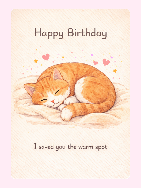 Cute sleeping cat birthday card saying happy birthday I saved you the warm spot