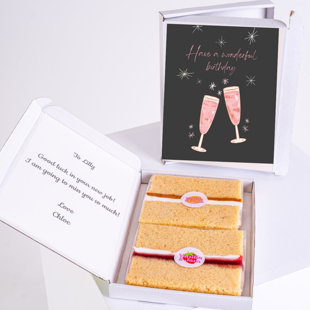 birthday cake card with champagne glasses in gift box