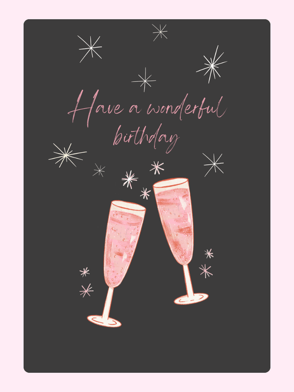 birthday card with champagne glasses and celebration theme