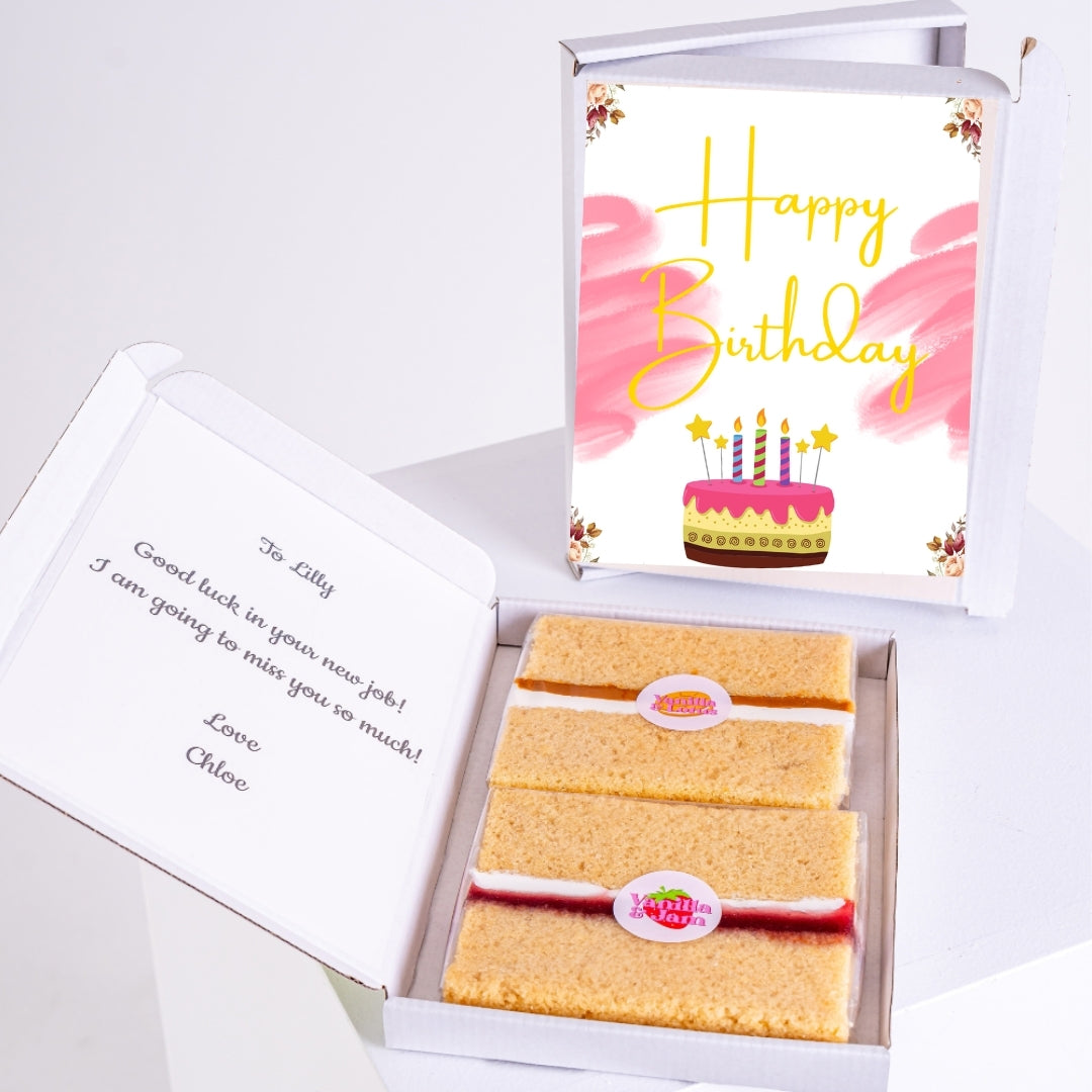 colorful happy birthday cake card with gift box and slices