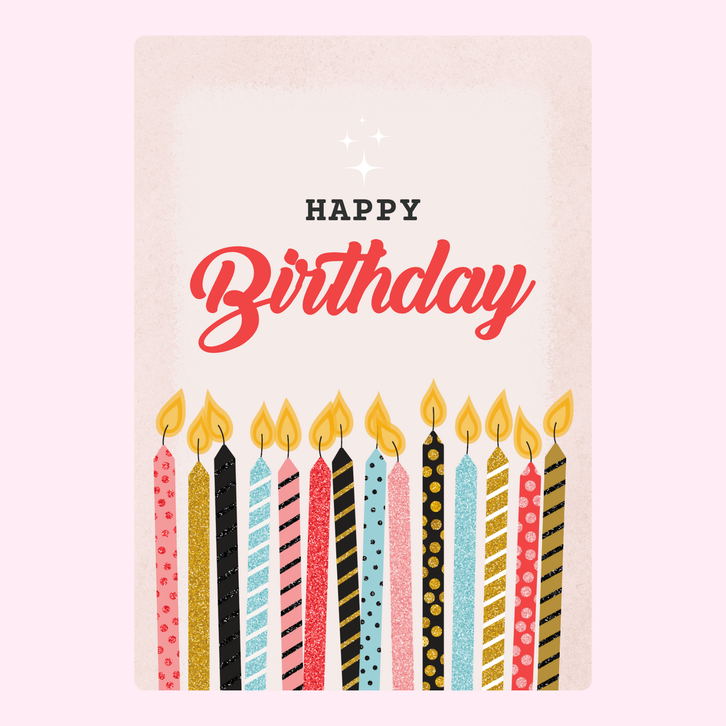 Birthday card with colorful lit candles and “Happy Birthday” text on a soft textured background