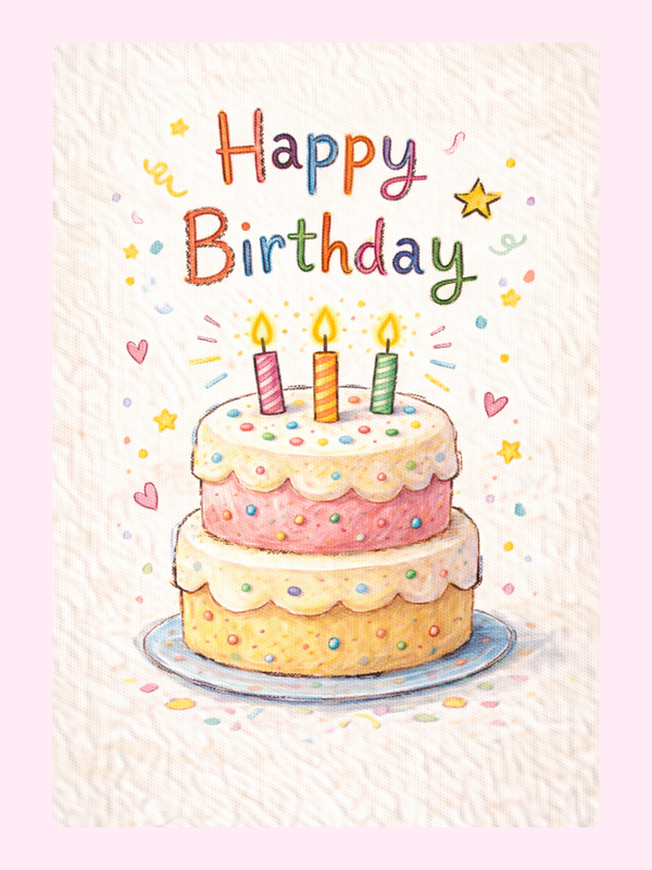 Happy birthday card with colourful birthday cake and candles