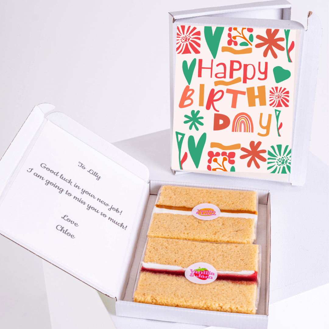 Colourful Happy Birthday spring cake gift box with playful floral shapes and rainbow illustration