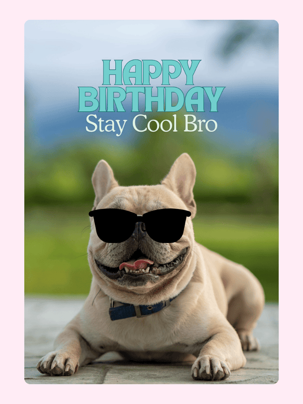 French bulldog wearing sunglasses on happy birthday card with Stay Cool Bro message