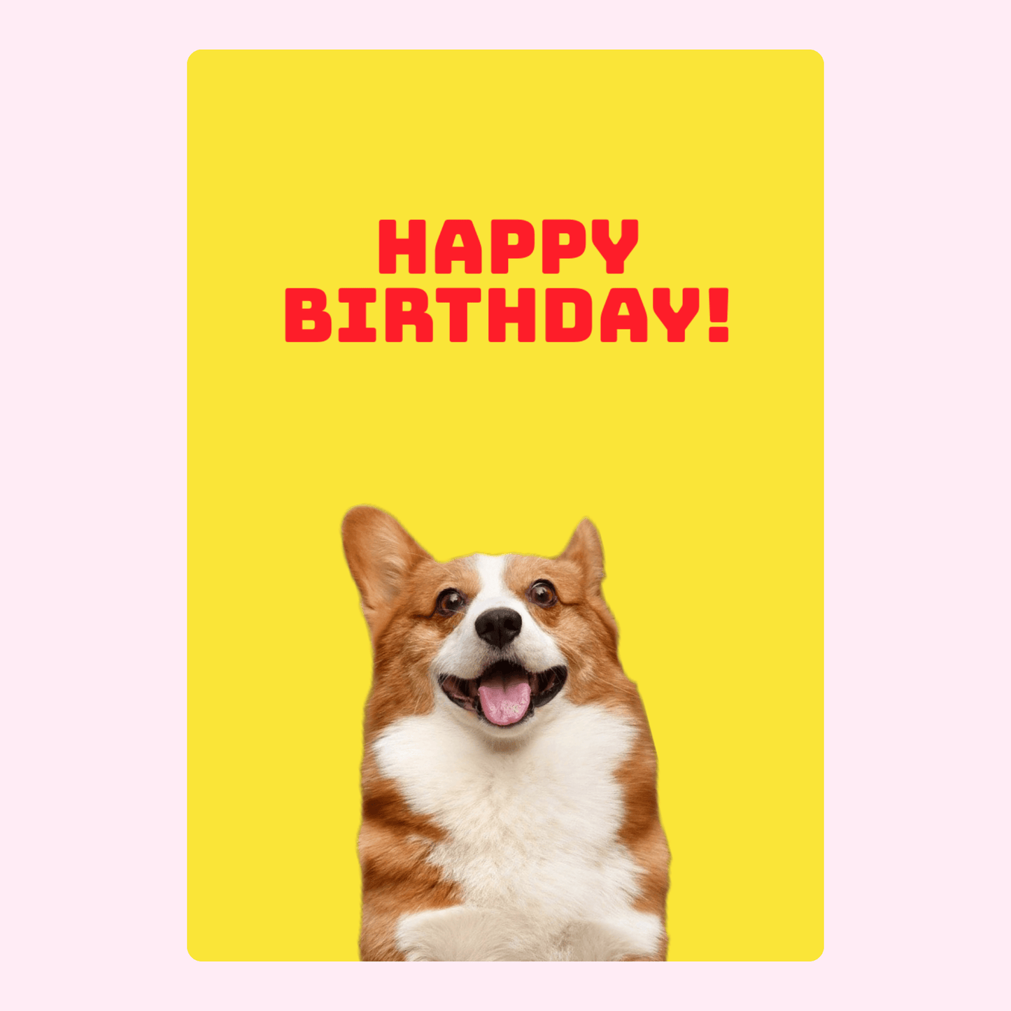 Smiling corgi dog on yellow happy birthday greeting card with bold text