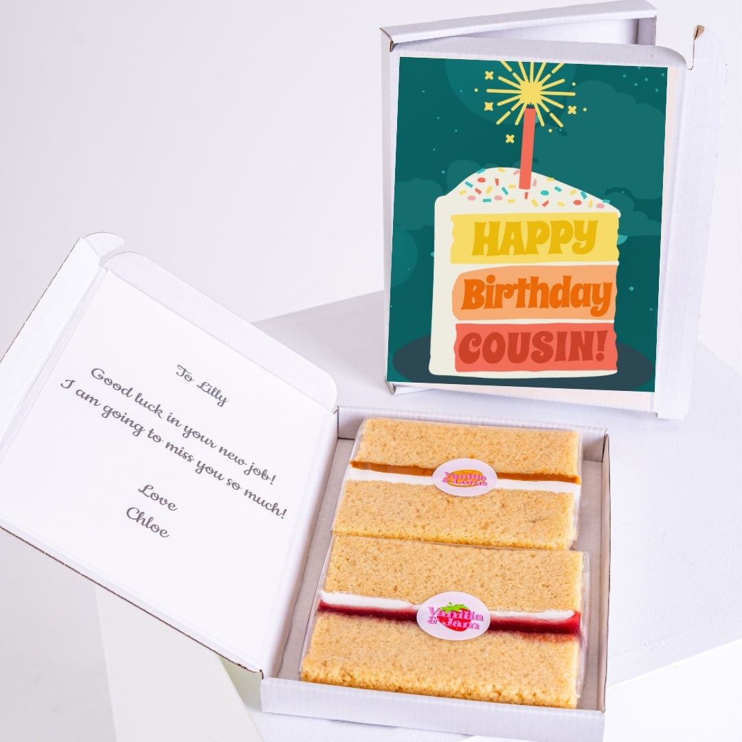 Happy Birthday Cousin edible cake card gift box with sparkler cake design