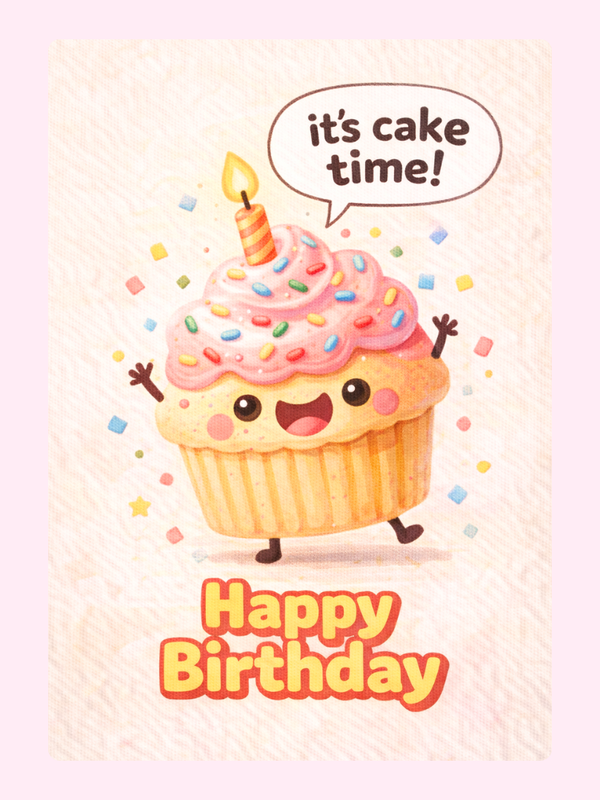 Happy birthday card with smiling cupcake illustration