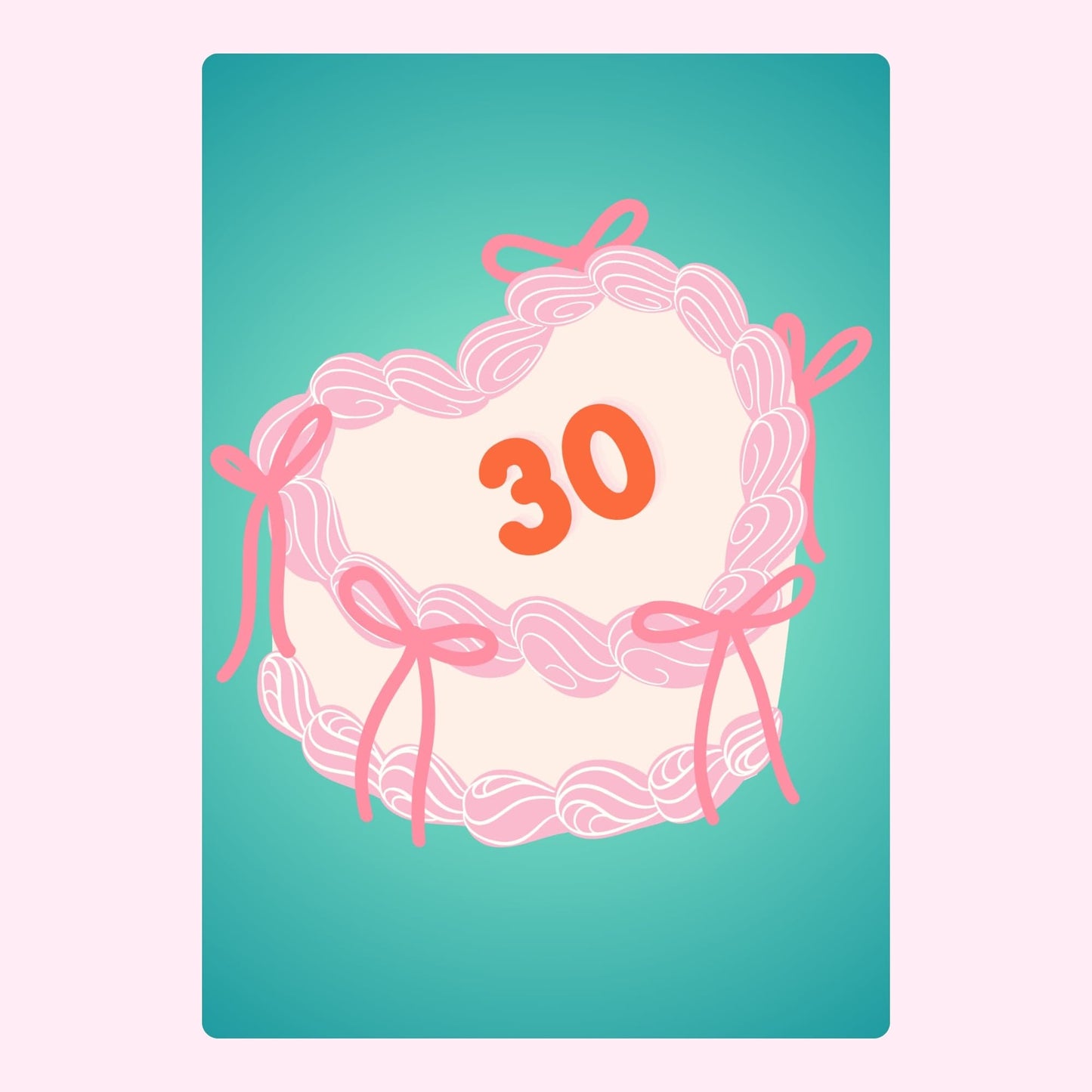 cute illustrated 30th birthday cake with pink icing and bows on teal background