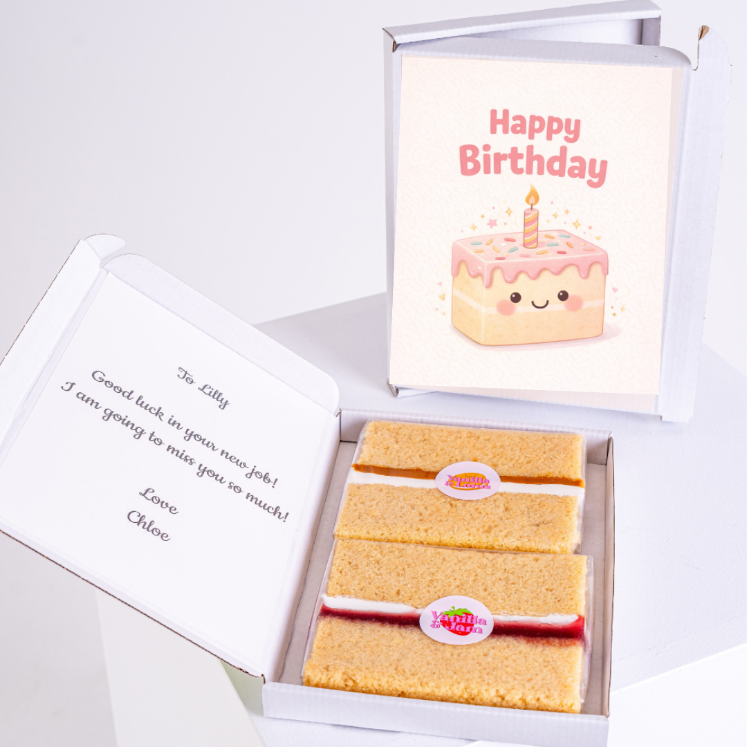 cute happy birthday cake card with gift box and slices