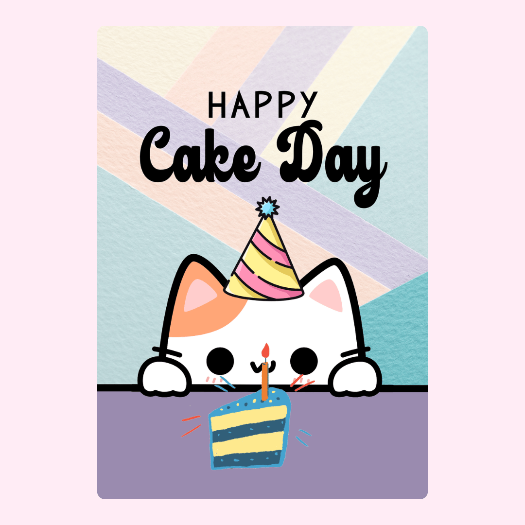 Cute cat wearing party hat with cake and candle and “Happy Cake Day” text on a pastel background