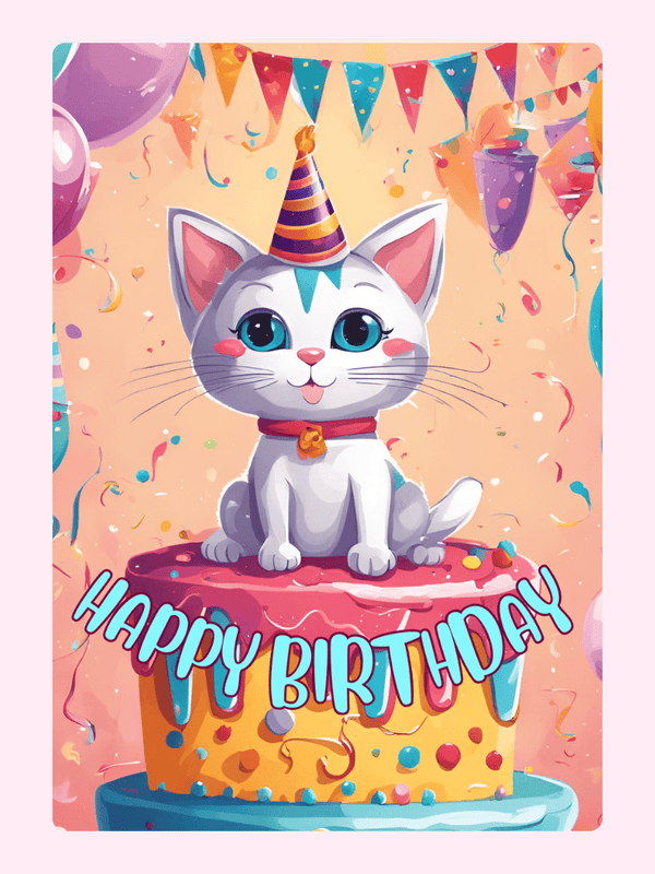 cute cat happy birthday cake card design with kitten on colorful cake and party decorations illustration