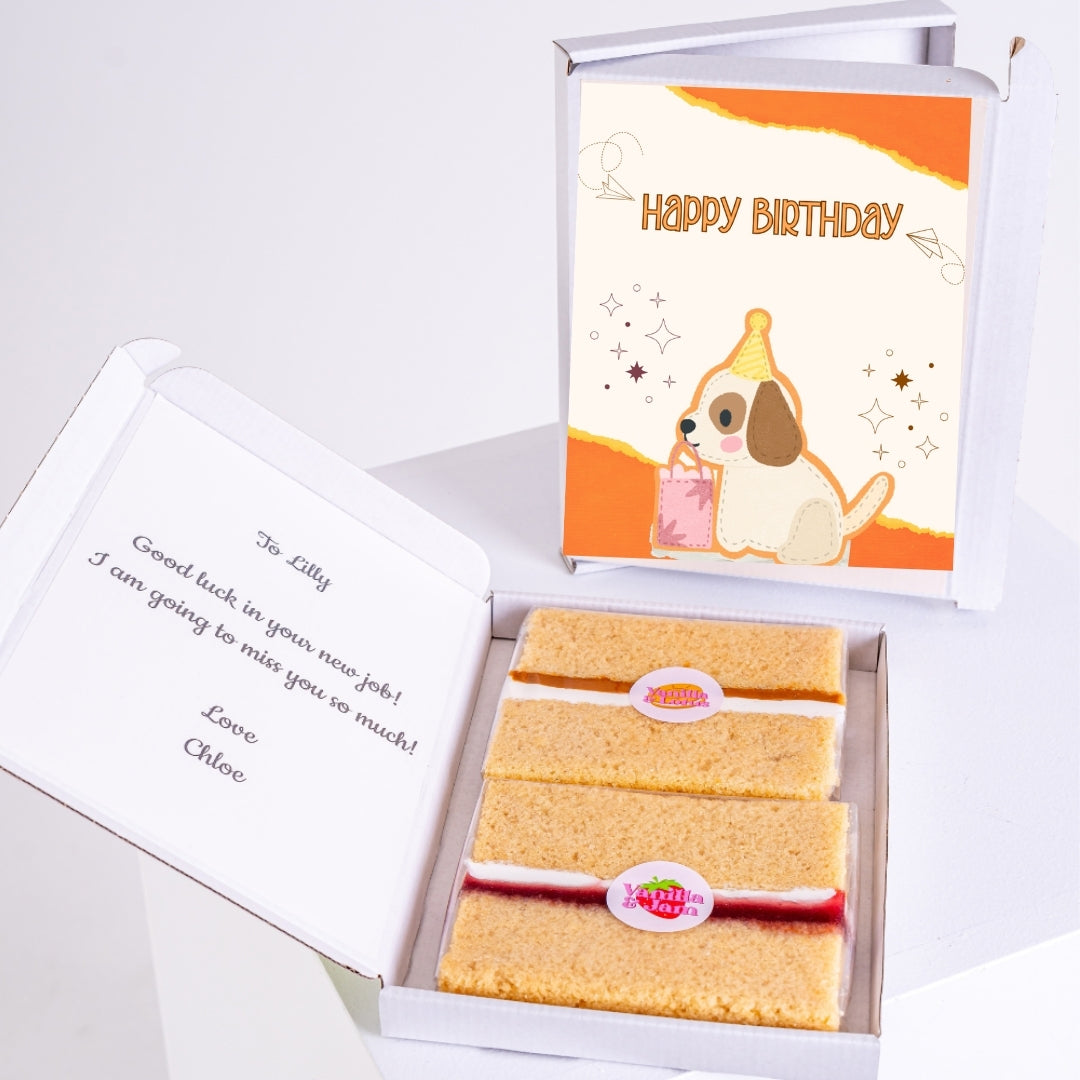 cute dog birthday card with party hat and gift in cake gift box