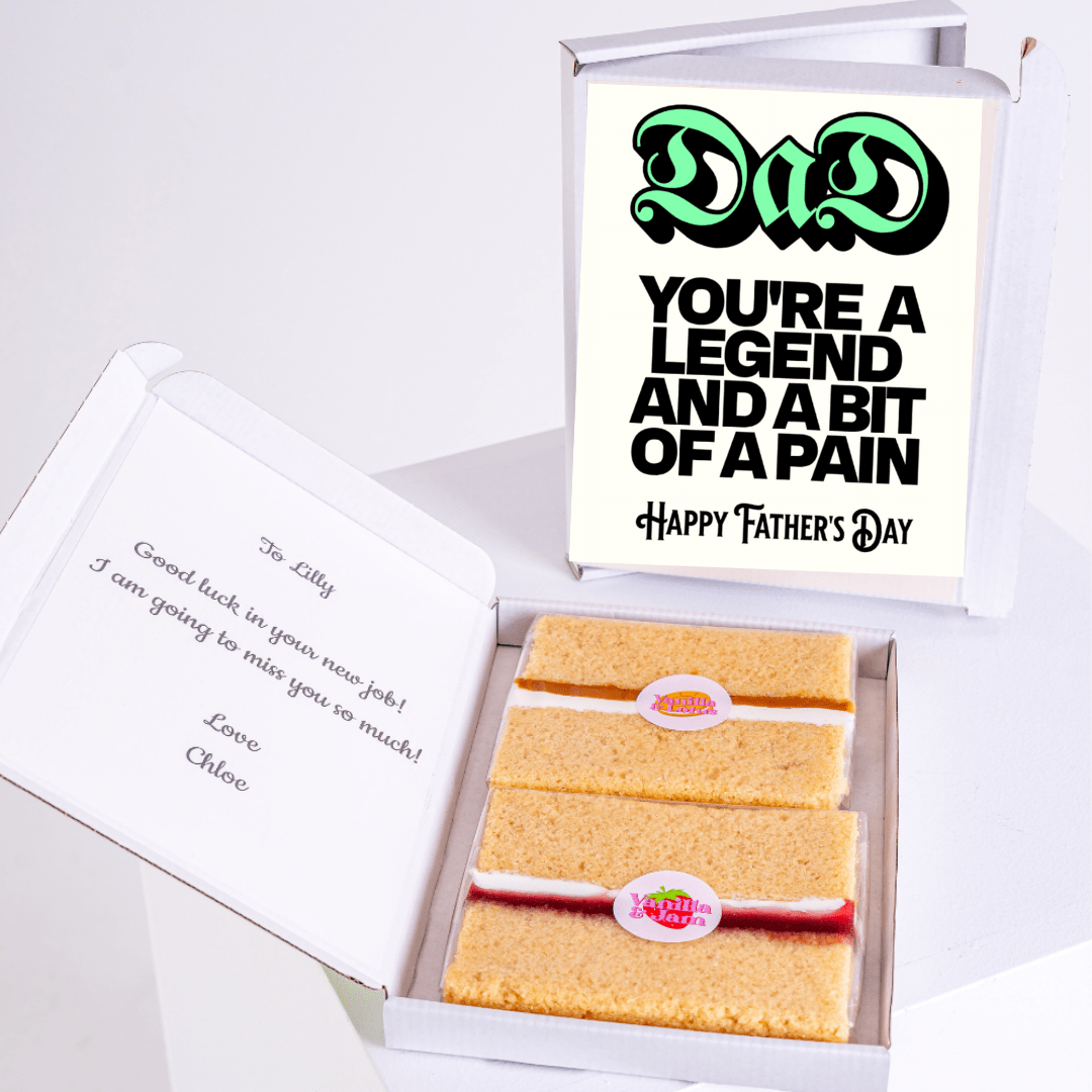 Father's Day gift box featuring 'Dad You're a Legend and a Bit of a Pain' cake card