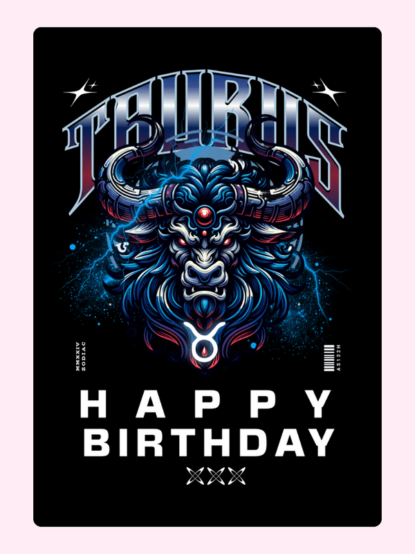 Taurus birthday card with neon bull illustration