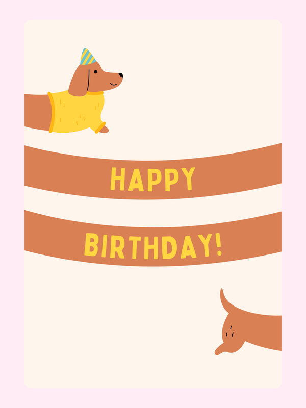 Dog-themed happy birthday card with party hat and banners