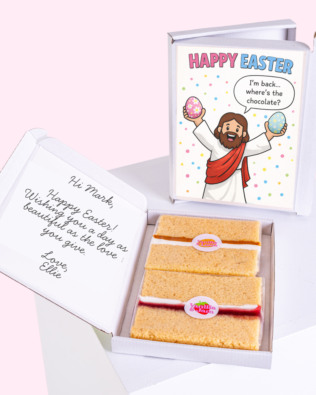 A humorous Easter card with a capybara wearing a birthday hat and holding Easter eggs, alongside personalized message and cake slices in a gift box.