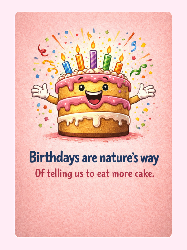 Funny birthday card with smiling cake saying birthdays are natures way of telling us to eat more cake