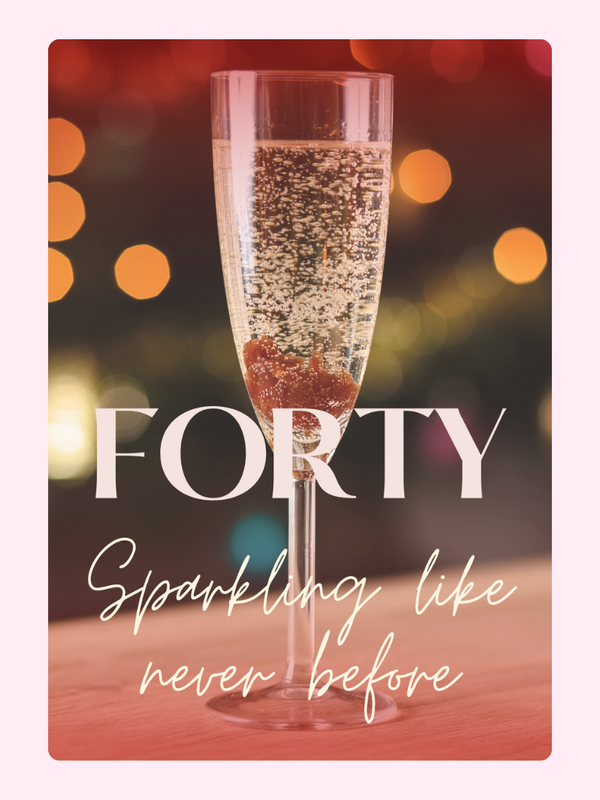 elegant 40th birthday card with champagne flute and warm bokeh lights background