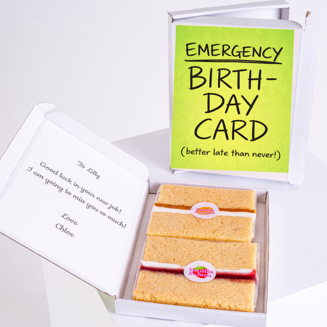 A fun emergency birthday card with the text "Emergency Birthday Card" and "(better late than never!)" message. The card is accompanied by a personalized message and cake slices in a gift box.