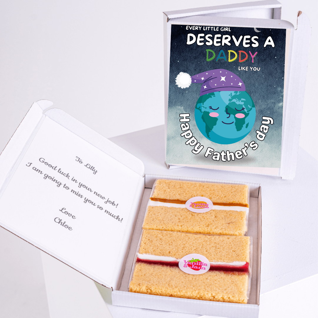 Father's Day gift box featuring 'Every Little Girl Deserves a Daddy Like You' cake card with sleeping earth illustration