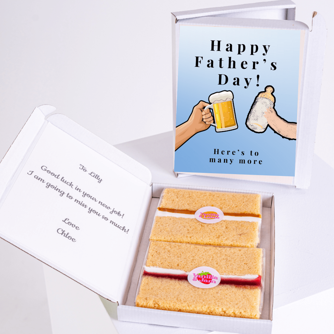 Father’s Day gift box with cheers dad cake card and cake slices