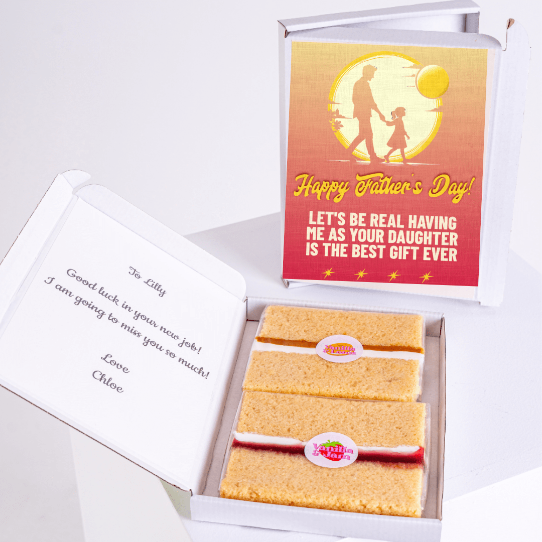 Father’s Day gift box from daughter with cake card and cake slices
